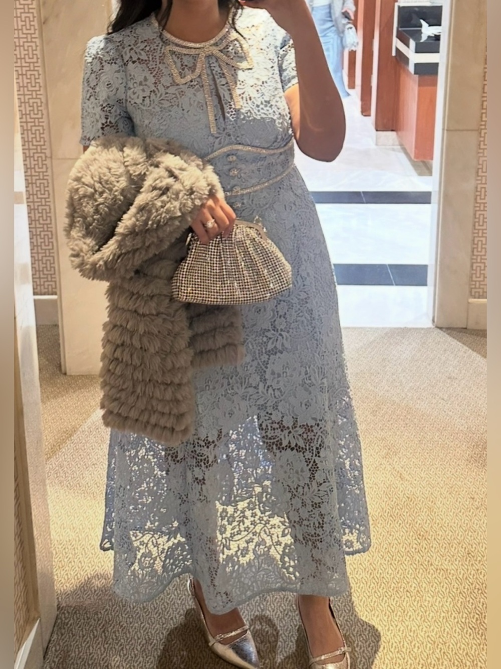Self-Portrait Powder Blue Floral Lace Midi Dress